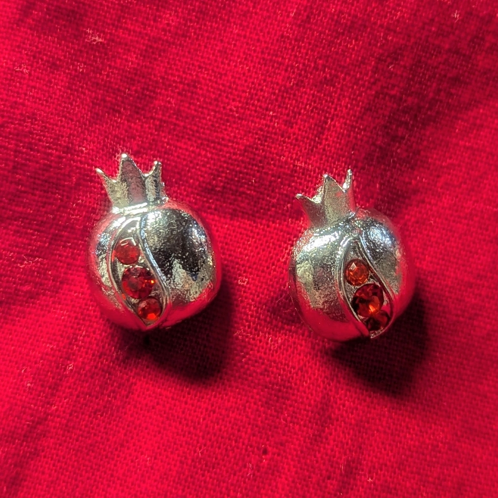Earrings--Red Pomegranate Posts--silvery